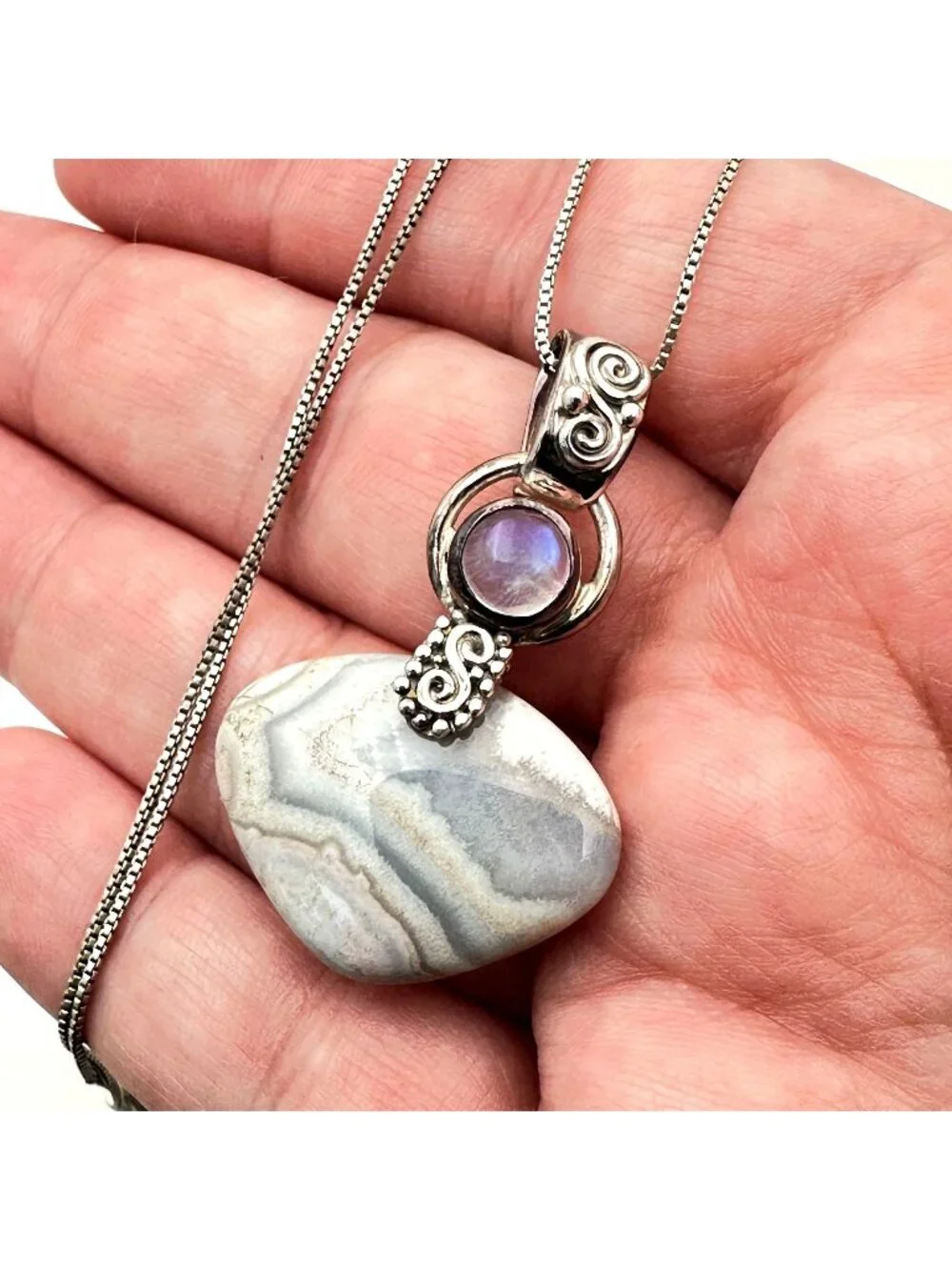SAJEN Womens Necklace Blue Striped Gemstone Moonstone Sterling Silver Pendant